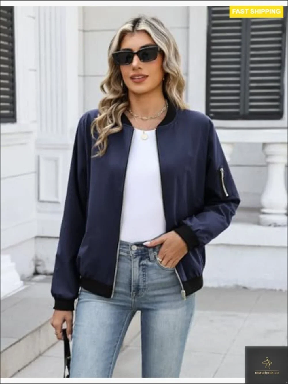 Casual Bomber Jacket Zip Up Lightweight Trendy Workwear Coat With Pockets